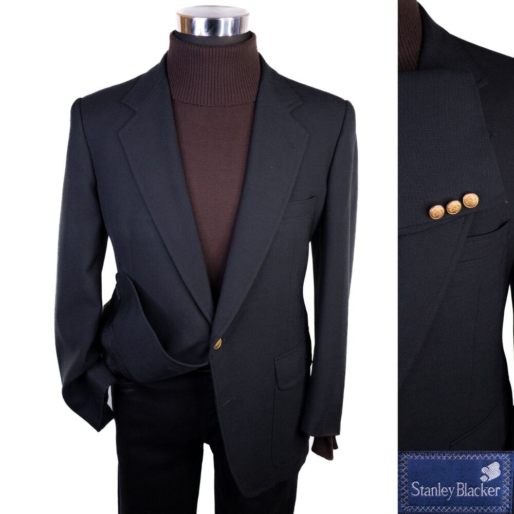 VTG Stanley Blacker Solid Black Gold Buttons Sz 40S Sport Coat Jacket Blazer